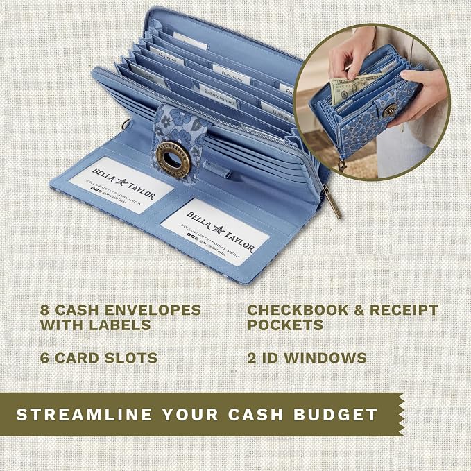 Bella Taylor Cash System Wallet for Envelope Budgeting - RFID Protected - Cash Stuffing Wallet with Detachable Wristlet