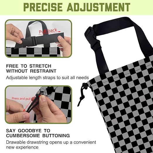 Car Trash Bag Black Gray Checkered Hanging Drawstring Car Organizer and Storage Bag with Adjustable Buckle Canvas Garbage Bin for Back Seat or Hanging Headrest Car Decor Road Trip Essentials