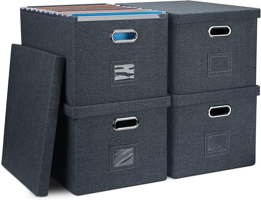 Graciadeco 4-Pack Modern Minimalist Dark Gray Collapsible Linen File Folder Box with Lid for Letter Size Hanging Files, Office Organization, General Storage