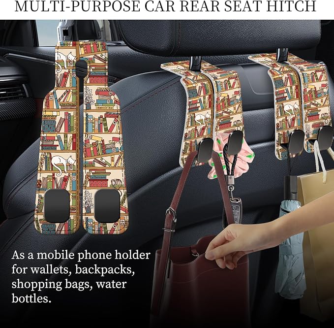 PU Leather Car Seat Hook, Storage Headrest Hanger, Cute Car Backseat Organizer, Car Hooks For Purses and Bags Vintage Bookshelf Pattern