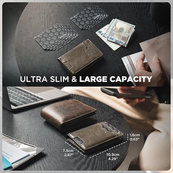 VULKIT Credit Card Holder RFID Blocking Slim Leather Front Pocket Mens Wallet Bank Card Holder Quick Access with 10 Slot and Money Band for Bills or Receipt, Palm-Size Wallet, Dark-olive-green, no