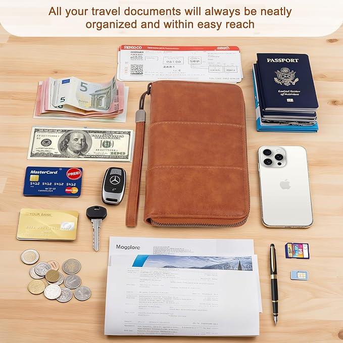 Family Passport Holder Wallet with Zipper, RFID Blocking Travel Document Organizer, PU Leather Passport Wallet for Women Men, Passport Cover Travel Wallet for Boarding Pass, ID, Money, Ticket