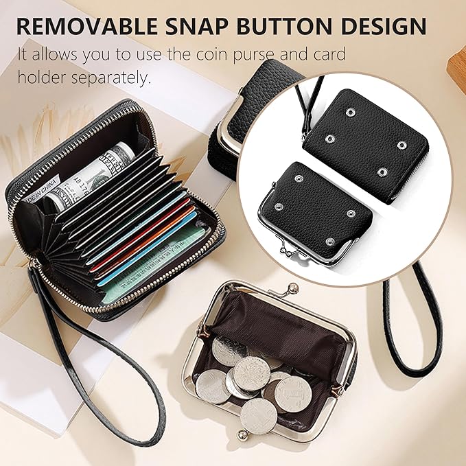 Women's Pebble Leather Wristlet Wallet, 2-in-1 Zip-Around Credit Card Holder with Kiss Lock Coin Purse, Cute Change Purse with Secure Clasp & Card Slots (Charcoal Black, Small)