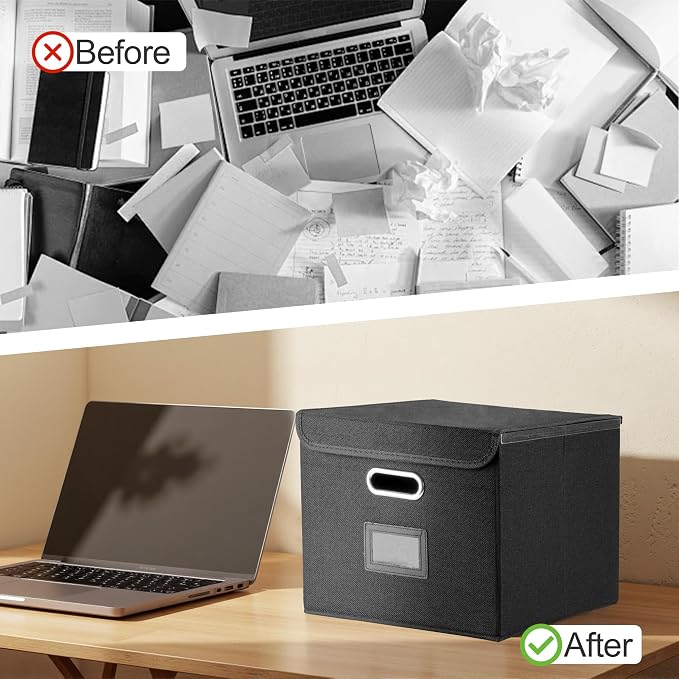 Hleelomi Collapsible File Box with Lid & Plastic Slide - Hanging Document Organizer for Office/Home, 14.96x12.6x10.83 Inch,Decorative Home File Bin,Black, 1 Pack (No Folders Included)