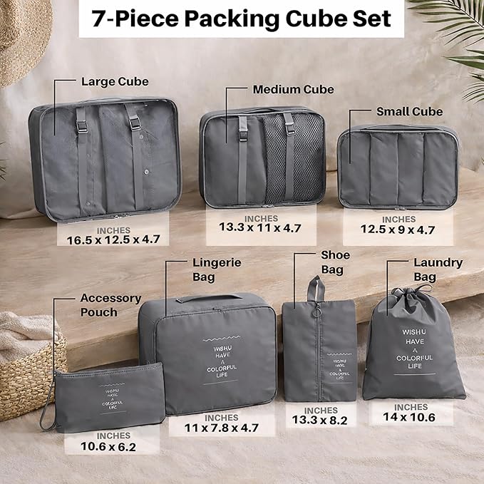 7 Set Packing Cubes For Travel | Luggage Organizer Bags With Shoe, Laundry Bag, Accessory Pouch And Lingerie Bag | Durable And Space Saving Suitcase Organizer For Travel Essentials | Grey