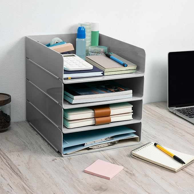 Tiawudi Desk Organizer, Office Organization and Storage, Plastic Letter Tray, Stackable File Organizer for Classroom, Home, Documents, Notes, Folders, Books and Pens, 4 Tier
