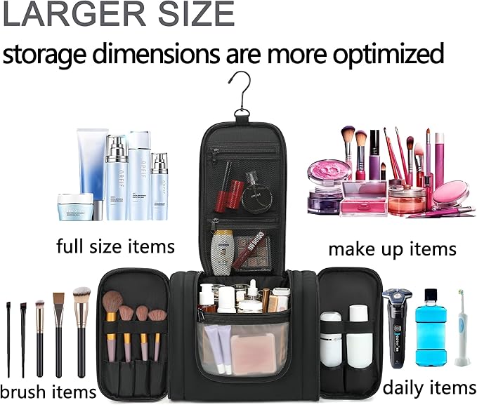 Hanging Travel Toiletry Bag for Men and Women with Metal Swivel Hook, Large Travel Makeup Organizer for Full Sized Cosmetics and Toiletries, Water-Resistant Bathroom Toiletery Bags, Black