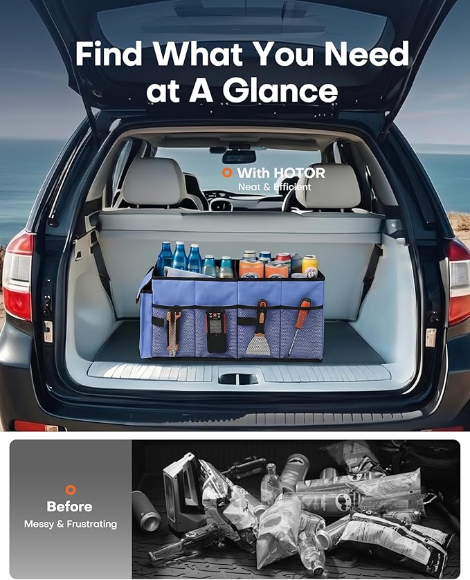 HOTOR Trunk Organizer for Car - Car Organizer, Foldable Trunk organizer for SUVs & Sedans, Sturdy Organization for Car Accessories, Tools, Sundries, Blue, 2 Compartments, 23.6"×14.2"×10.6"