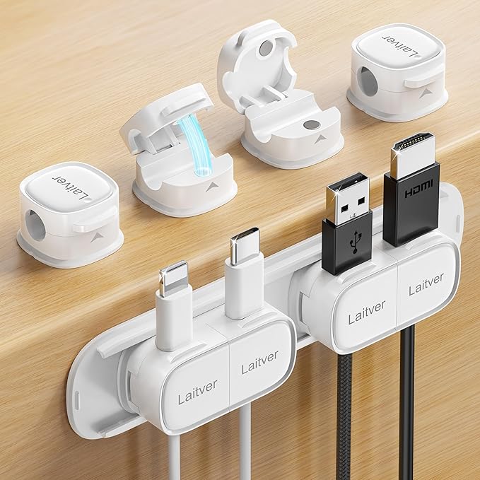 6 Pack Magnetic Cable Clips [1s Open/Lock], Laitver Cord Organizer Holder Strong Adhesive Desk Cable Management- Organize Charging Cords Neatly for Home, Office, Car,Desk, Nightstand