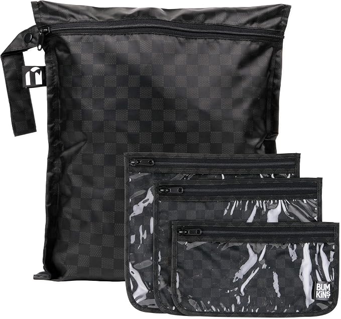 Bumkins and Roamio - Waterproof Wet Bag & Clear Travel Bags - For Beach, Baby, Travel, Swim Suit, Cloth Diapers, Pump Parts, Pool, Gym, Toiletries - Reusable & Easy to Clean - Black Check - 4 Pack