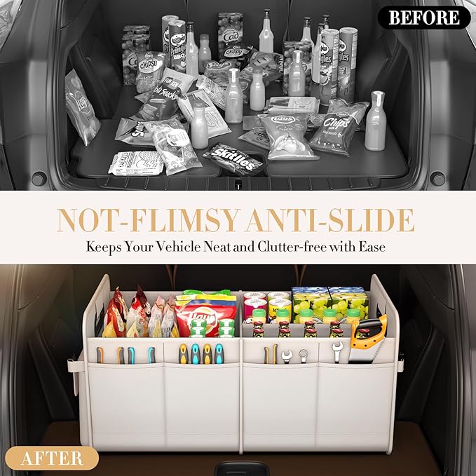 titiyiof Trunk Organizer For Suv & Sedan,Car Organizers and Storage, Waterproof Collapsible & Adjustable Straps,Sturdy Car Organization for Car Accessories, Tools,Food，Sundries,2-3 Compartment（Beige）