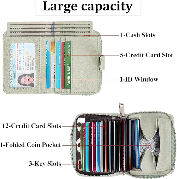 GAEKEAO Women's Leather Wallet RFID Blocking Card Holder with Many Compartments Small Purse with Zipper Key Chain Wallets