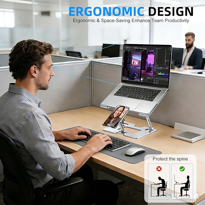 Ergonomic 2-in-1 Laptop Stand for Desk with Fans,Adjustable Laptop Riser with Phone Holder,Computer Stand for Laptop,Sturdy and Portable Stand,Compatible with All Laptops and Phones White