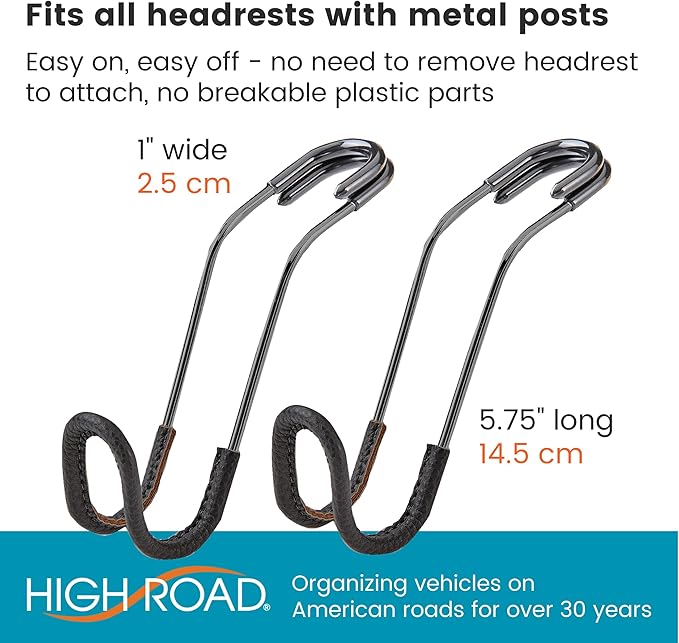 High Road Car Hooks for Purses and Bags with Leather Trim - Unbreakable Car Seat Hooks for Large Purse Straps and Heavy Bags up to 40 lbs - Secure Attachment Loops Fit All Headrest Posts, 2-Pack