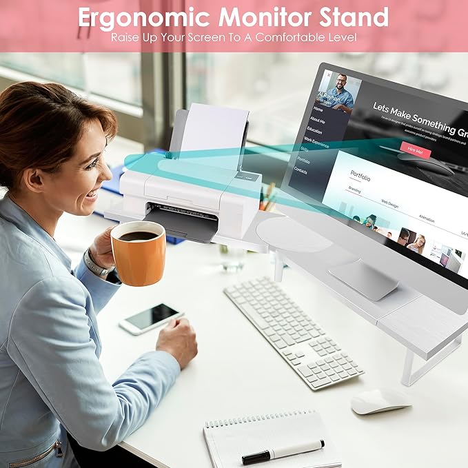 Dual-Monitor Stand for Desk - Large Adjustable Length and Angle Riser for 2 Monitors, Double Computer Desktop Organizer, Shelf for TV, Laptop, Printer