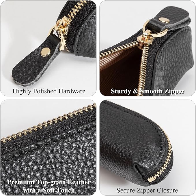 Full Grain Leather Coin Pouch - Travel Small Coin Purse with Zipper - Mini Key Pouch Change Purse for Women and Men (Black, Large Size)