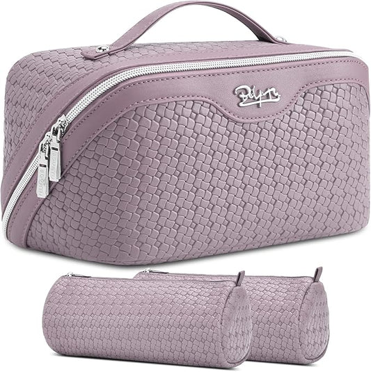 BOYATU Travel Makeup Bag Cosmetic Bags for Women: Large Capacity 3 Pcs Set Make up Bag with Compartments - Waterproof Vegan Leather Toiletry Organizer Bags with Handle (L55Light Purple)