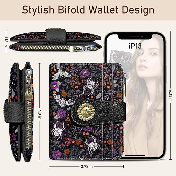 Kelvoris Goth Gothic Bats Spiders Web Small Rfid Women Wallet Bifold Zipper Coin Pocket PU Leather Compact Cash Credit Card Holder Travel Wallet for Female Ladies Teen Girls 1 ID Window 10 Card Slots