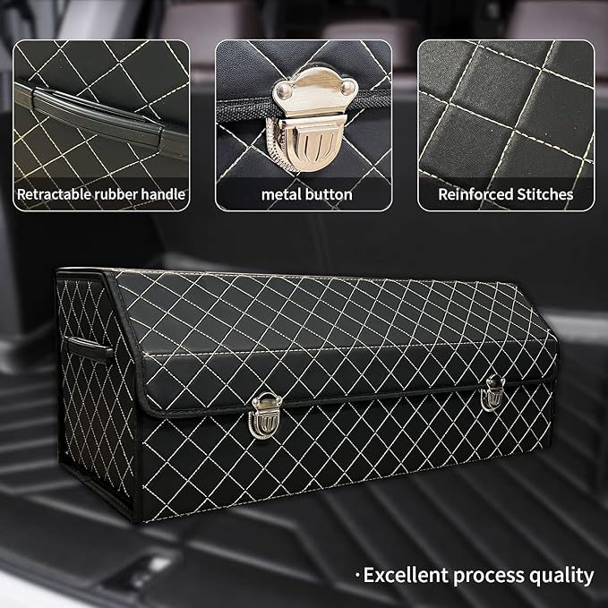 Car Trunk Organizer with Lid,Foldable Faux Leather Cargo Storage Box,3 Compartments,Collapsible Multi-Functional for SUV,Sedan,Vehicle Trunk