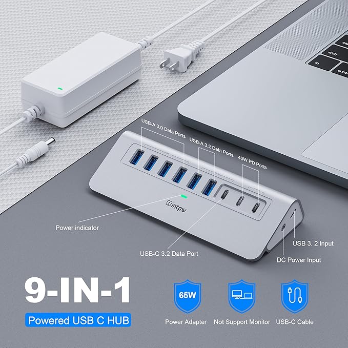 Powered USB Hub 10Gbps, intpw YH6AC 9-Port USB 3.2 /USB C Hub with USB A/USB C 3.2, 4 USB 3.0, 2 PD 45W Charging Port, 65W Power Adapter + 5FT Cable, Aluminum USB Hub for PC, iPhone 17/16/15/Laptop