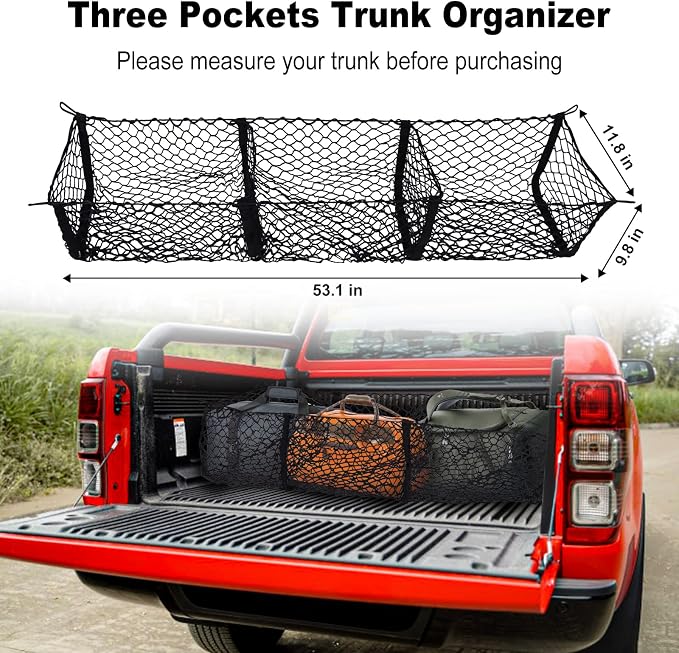 Truck Bed Cargo Net with Detachable 3 Pocket, 59“ Long Pickup Trunk Mesh Organizers & Elastic Storage for Tacoma Ford Chevy Silverado GMC etc,Grocery Holder Trunk Net with 8 Carabiners Accessories
