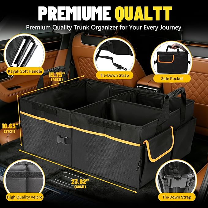 95L Car Trunk Organizer with 2 Tie-Down Straps&2 Removable Dividers|Foldable Cover,Multi-Compartment Collapsible Storage Box for SUV&Sedan&Truck|Non-Slip Bottom,3mm Durable PE Board Construction