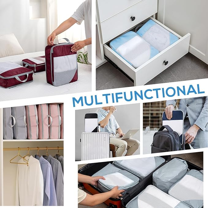 Compression Packing Cubes, 7 Set Packing Cubes for Travel Compression, Lightweight Compressible Package Organizer for Carry On and Suitcases, Light Grey