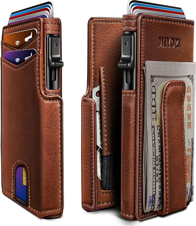 miyozi Men Wallet,with Money Clip Coins Pocket ID Window,Slim Front Pocket RFID Blocking Pop-up Card Holder 3.9"x 2.7", Gift Boxed