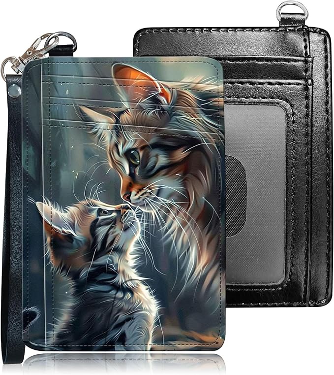 Slim RFID Blocking Card Holder Wallet with Wrist Strap - Minimalist Front Pocket Wallet, Two Cats Design, PU Leathe, for Men & Women, Ideal for Travel & Gifts