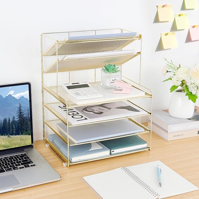 OPNICE Desk Organizer, 6-Tier Letter Tray Paper Organizer, Desktop File Organizer, Office Desk Accessories & Office Decor for Women, Workspace Organizer for Office Supplies(Gold)
