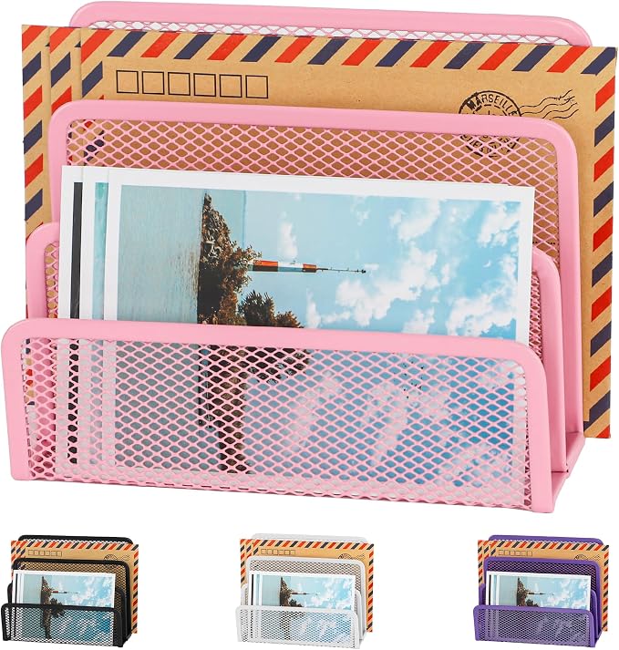 EASEPRES Desk Mail Organizer, Office Small Desktop Metal Mesh Envelope Letter Sorter Paper File Holder Organizer with 3 Vertical Upright Compartments, Pink 1 Pack