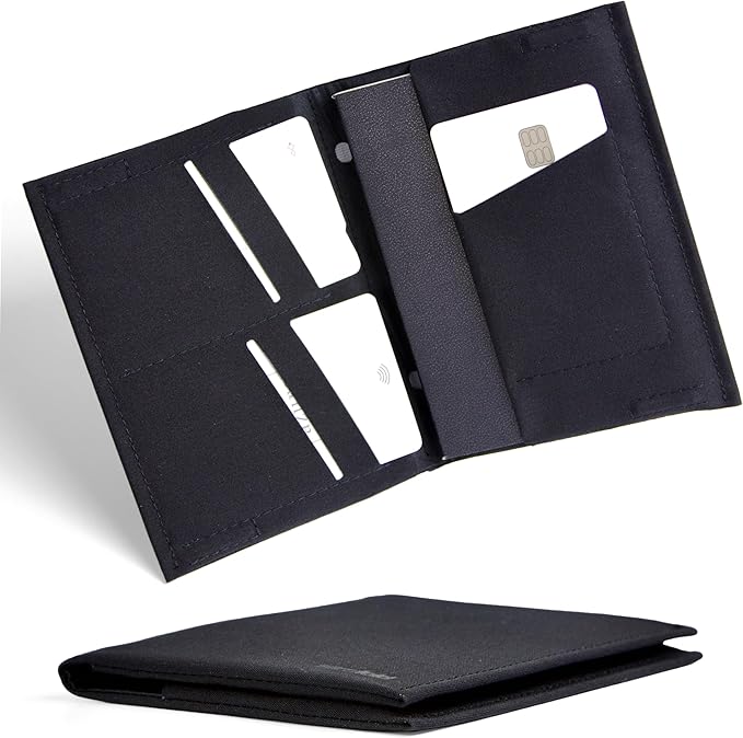 SlimFold Minimalist Passport Holder - Ultra-Thin Wallet Design with AirTag Slot, RFID Blocking - Holds 2 Passports with Magnet Closure for Secure Travel - Made in USA (Black w/Black Stitching)