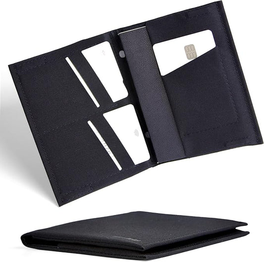 SlimFold Minimalist Passport Holder - Ultra-Thin Wallet Design with AirTag Slot, RFID Blocking - Holds 2 Passports with Magnet Closure for Secure Travel - Made in USA (Black w/Black Stitching)