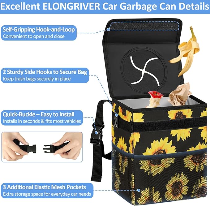 ELONGRIVER Car Trash Can Bin for Back Seat Leak Proof, Cute Car Trash Bag Hanging, Vehicle Trash Can for SUV Truck Van, Automotive Garbage Cans Front Seat Sunflower Floral