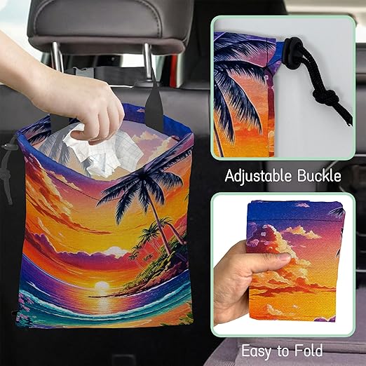 Beach Sunrise Car Garbage Bag,Palm Tree Waterproof Small Car Trash Bag Hanging Back of Seat,Drawstring Hanging Car Trash Bag with Adjustable Buckle for Car Accessories