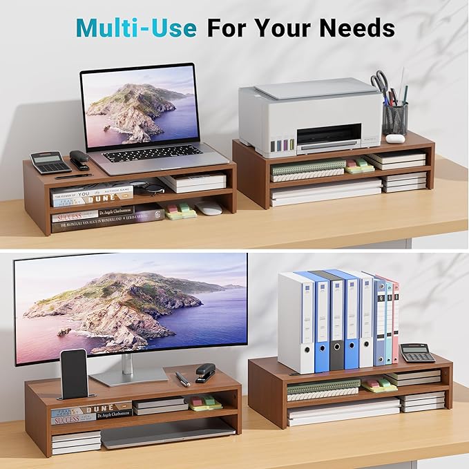 BONTEC Wood Monitor Stand Riser, 2-Tier Desktop Organizer with Storage, Ergonomic Computer Stand for Desk, Cable Management, Cellphone Holder, 21.3 Inch Shelf, Walnut