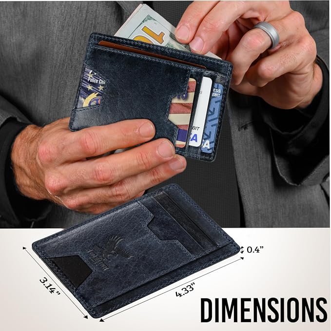 Mens RFID Blocking Leather Slim Card Case Wallet with Easy Access ID windows, Cash & Card Slots, Crafted with Premium Top Grain Leather Ideal for Travel or Everyday Use (Darkest Midnight Blue)