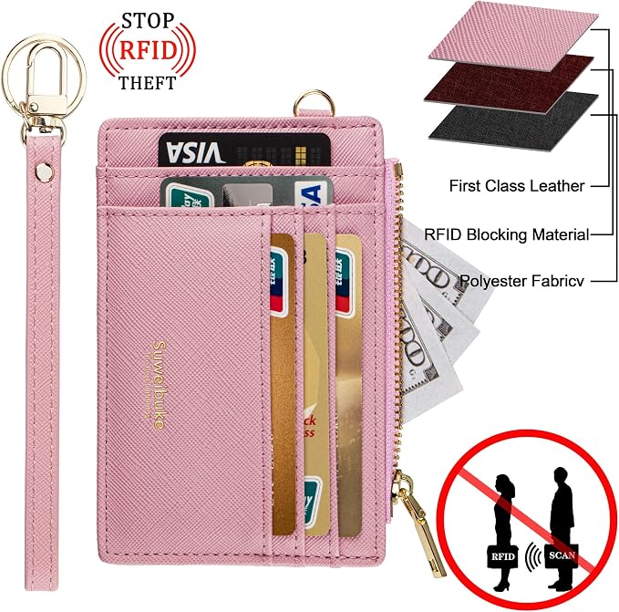 Wikavanli Women Slim Rfid Blocking Credit Card Case Holder Wristlet Zip ID Case Wallet Small Compact Leather Wallet Coin Purse with Keychain (Pink)