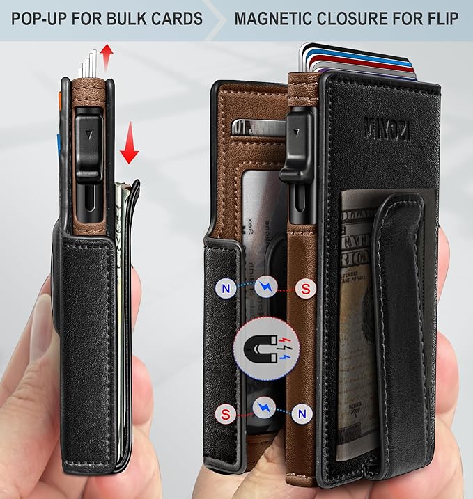 miyozi Airtag Wallet for Men,with Money Clip 10 Cards Metal Case Smart Slim Pop Up Credit Card Holder Flip with Magnetic Closure RFID Blocking wallet with Gift Box