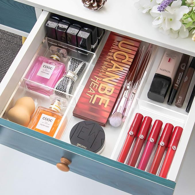 YestBuy Acrylic Drawer Organizer, Gadget Tray Organizer, Clear Desk Drawer Holder With Adjustable Dividers, for Office Desk Supplies and Accessories or makeup storage (12 x 12”)