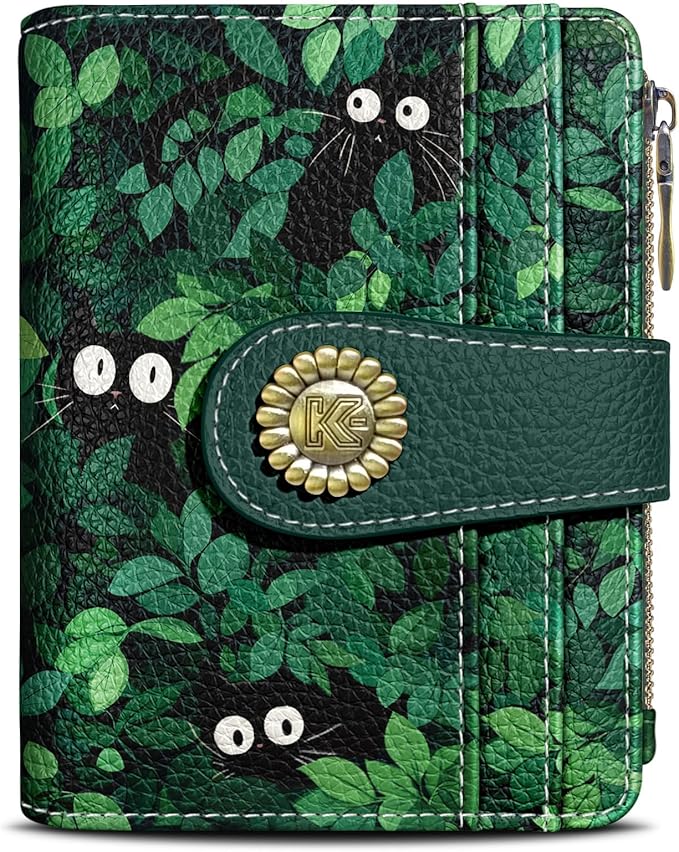 Kelvoris Cute Green Black Cats Grass Small Rfid Women Wallet Bifold Zipper Coin Pocket PU Leather Compact Cash Credit Card Holder Travel Wallet for Female Ladies Teen Girls 1 ID Window 10 Card Slots