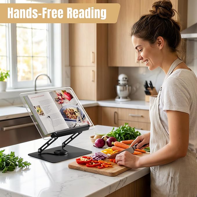 HAUTOCO Adjustable Acrylic Book Stand for Reading, 360° Rotating Base, Foldable Desktop Book Holder with Elastic Page Clips, Hands-Free Cookbook Stand for Laptop, Tablet, Recipe, Textbook, Music Score