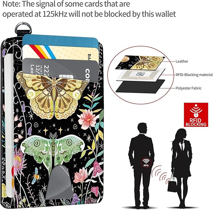 Slim RFID Blocking Card Holder Wallet with Wrist Strap - Minimalist Front Pocket Wallet, Colored moth Design, PU Leathe, for Men & Women, Ideal for Travel & Gifts