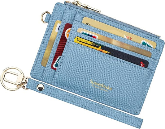Wikavanli Women Slim Rfid Blocking Credit Card Case Holder Wristlet Zip ID Case Wallet Small Compact Leather Wallet Coin Purse with Keychain (Blue)