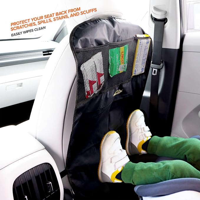 Armor All Car Backseat Kick Mat with Storage, Backseat Kick Protector for Kids with 3 Mesh Pockets, Protects from Kicks, Scratches, Scuffs, Spills, Stains, 3 Adjustable Straps for Easy Installation