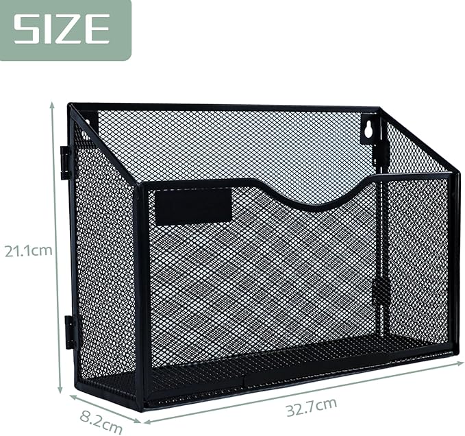 1 Tier Wall Mount File Holder, Black Metal Mesh A4 Document Organizer, Hanging Mail Sorter & Magazine Rack for Office Home School, Durable Space-Saving Filing Storage