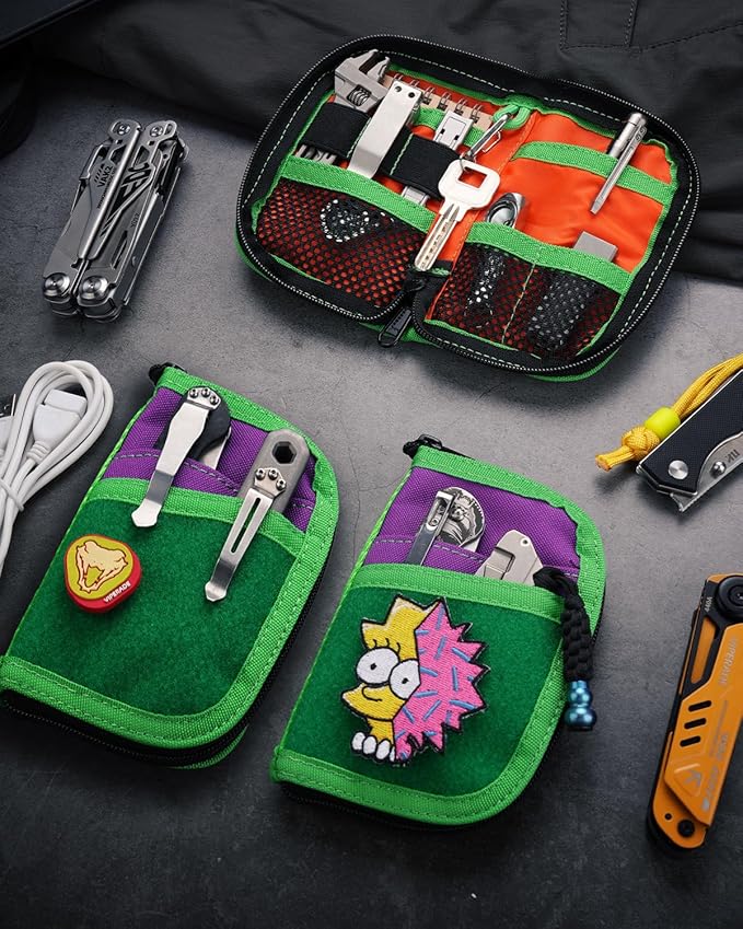 VIPERADE VE10 EDC Pouch Small Pocket Tool Pouch with 10 Compartments, Men's Pocket Organizer for Multitools, EDC Organizer with Patches Area for DIY (Green+Purple)