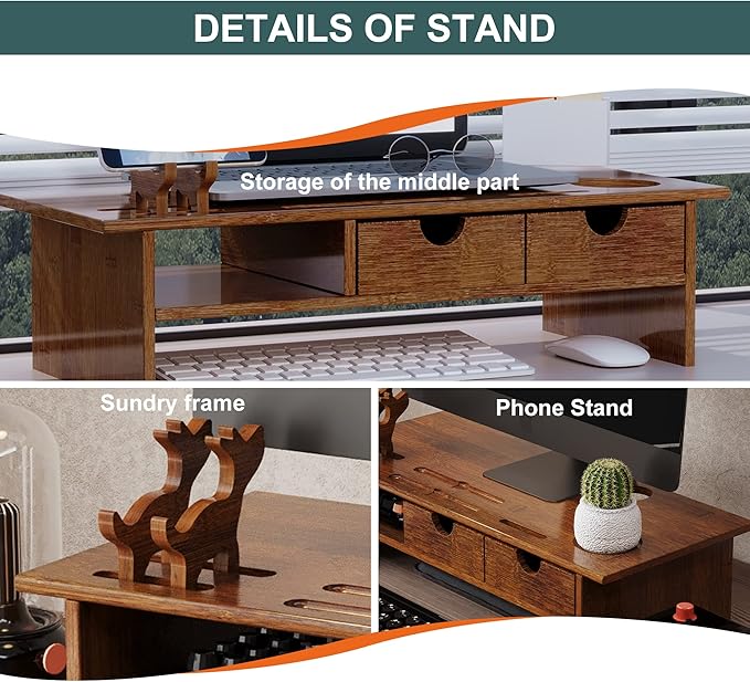 Sundale Outdoor WAYTRIM Bamboo Wood Monitor Stand Ergonomic Computer Riser with Storage Organizer Drawers Desktop Laptop Shelf Risers Cellphone Stand for Home and Office Use, Classic Antique Brown