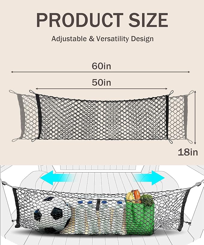 bylikeho Cargo Net,Adjustable Trunk Storage Net with Hook,Car Accessories Exterior,Elastic Trunk Stretchable Tailgate Nets,Automotive Organizer and Storage,Suitable for Most Vans,SUVs,Pickup,Trucks