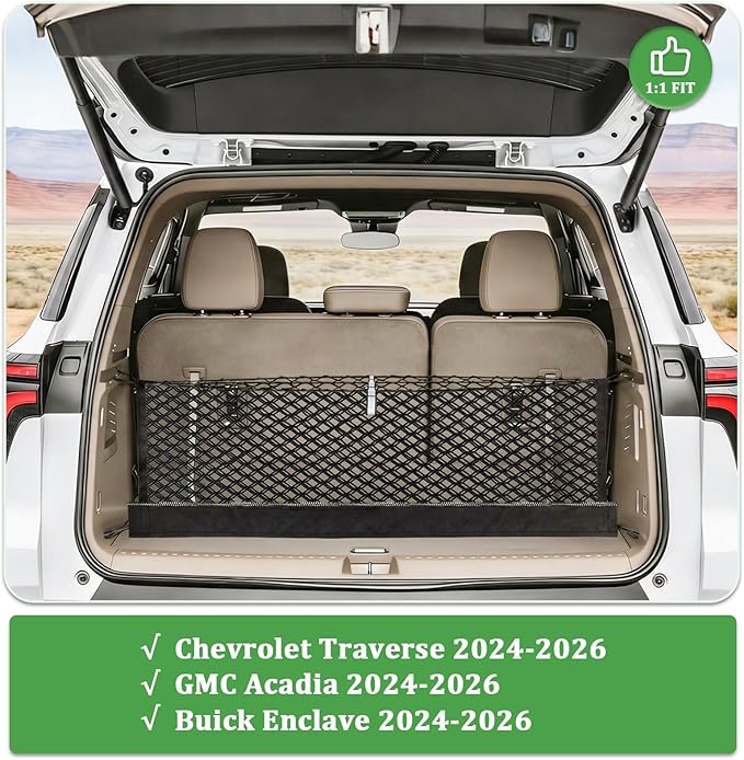 3-Layer Cargo Net for GMC Acadia, Buick Enclave, Chevrolet Traverse 2024-2026, Zipper Bag Trunk Net for SUV, Heavy Duty Oxford Cargo Organizer Storage Nets with Carabiners